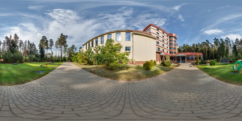 360 hdri panorama near multi-story building in forest in full seamless spherical equirectangular projection, ready AR VR virtual reality content
