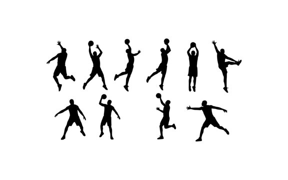 Basketball player silhouettes in dynamic poses suitable for sports themed designs, posters, and sports event promotions for a vibrant visual.