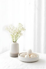 White easter eggs and baby's breath flowers in vase on table easter decor spring holiday concept 92