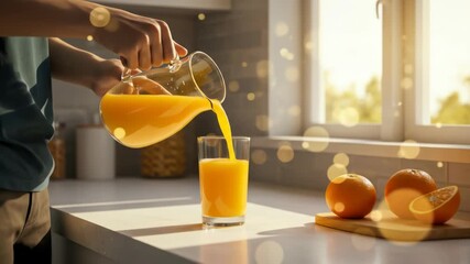 Person pouring orange juice from a pitcher into a glass, with fresh oranges on a wooden cutting board in a sunny kitchen - Powered by Adobe