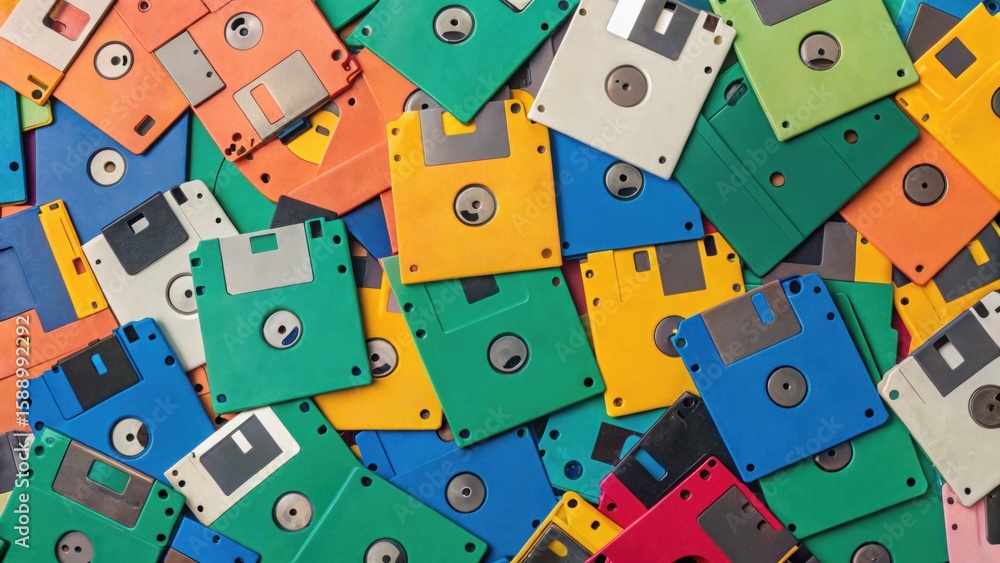Poster colorful collection of vintage floppy disks arranged in a chaotic pattern, showcasing a nostalgic te