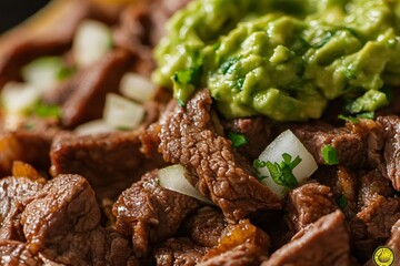 Delicious carne asada taco filling a tortilla, topped with guacamole, chopped white onion and coriander