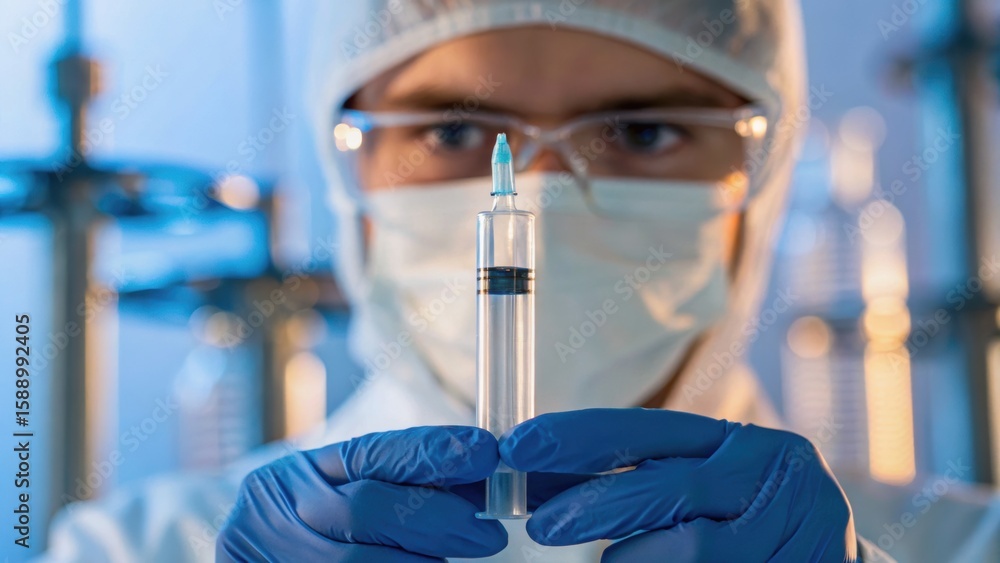 Poster scientist in protective gear holds a syringe in a laboratory setting, emphasizing precision and safe