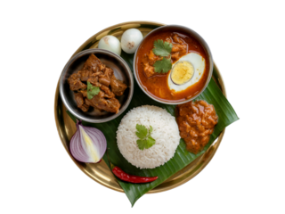 Traditional Bengali meal setup kosha mangsho, rice, and egg curry served on a blue plate overhead food shot, isolate