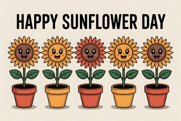 A cute cartoon illustration for happy sunflower day with smiling flowers