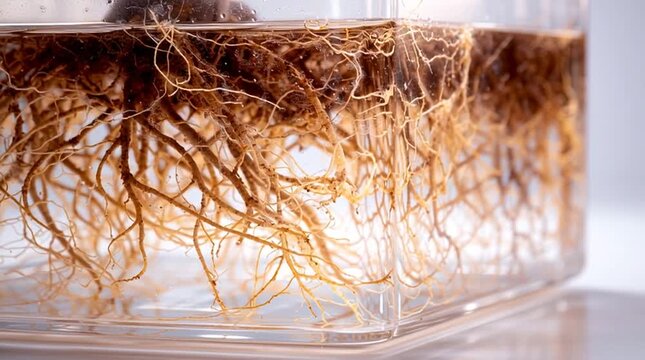 Close up view of plant roots submerged in water inside a clear rectangular container on a white surface