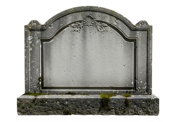 Weathered stone gravestone with decorative carvings and moss isolated on white background