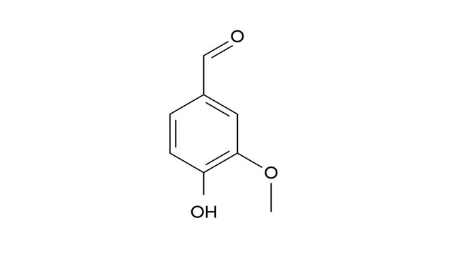 vanillin molecule, structural chemical formula, ball-and-stick model, isolated image flavoring agent