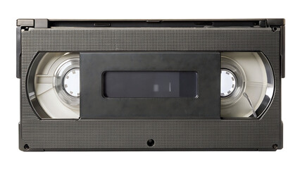 Detailed view of a vintage black V H S video cassette tape with white spools and a dark gray label window isolated on a transparent background