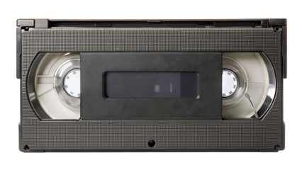Detailed view of a vintage black V H S video cassette tape with white spools and a dark gray label window isolated on a transparent background