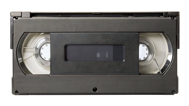 Detailed view of a vintage black V H S video cassette tape with white spools and a dark gray label window isolated on a transparent background