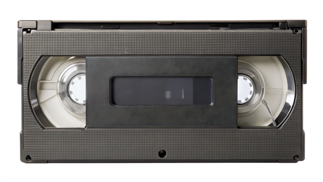 Detailed view of a vintage black V H S video cassette tape with white spools and a dark gray label window isolated on a transparent background