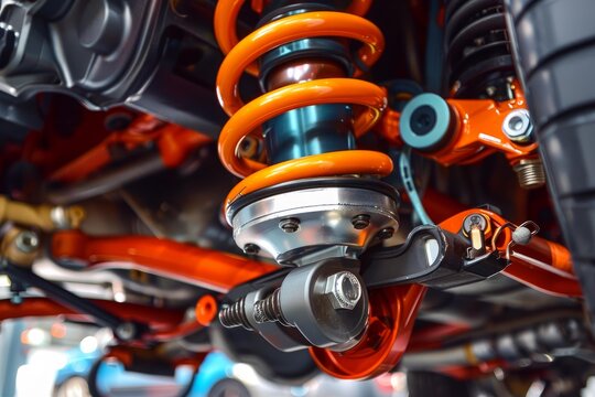 Orange coil spring and suspension system of a modern car, showcasing automotive engineering and design