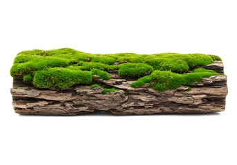 A textured weathered wooden log covered in lush green moss isolated on white background