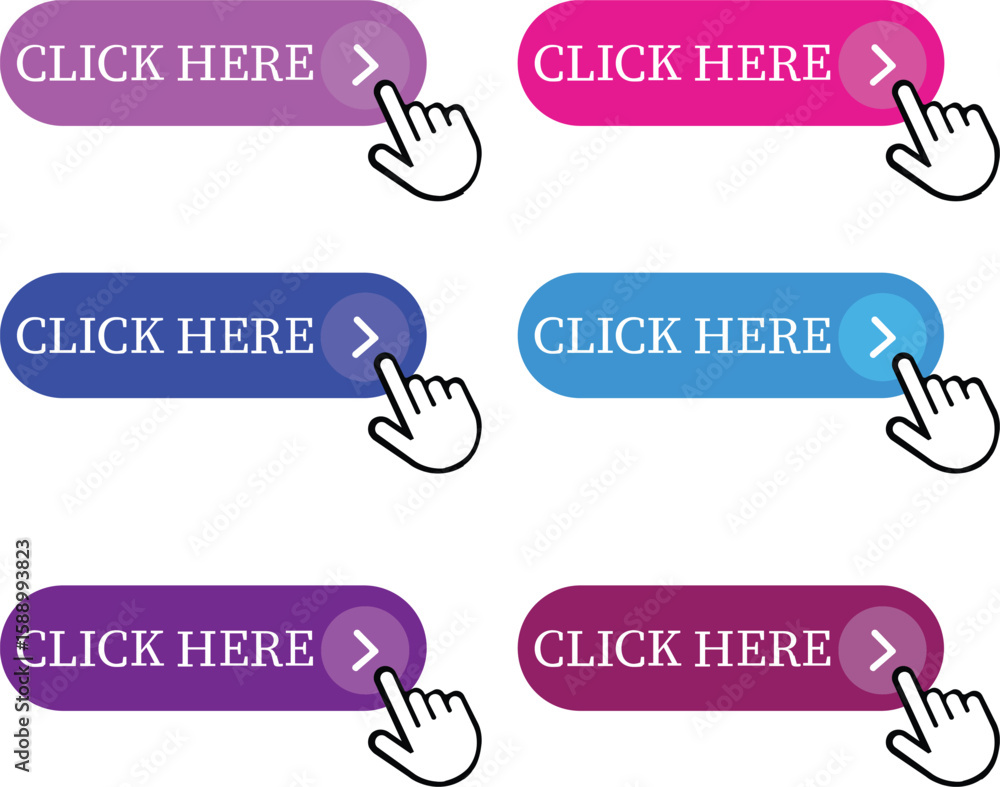 Fototapete Click Here Button Icon set.Pointer Click button. Modern action button mouse click symbol. Computer mouse click cursor or Hand pointer symbol. Cursor arrow icon. Clicking finger. Vector illustration.