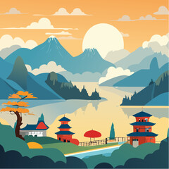 vector illustration of beautiful Chinese ink landscape painting