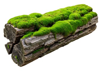 A weathered wooden log covered in lush green moss isolated on white background