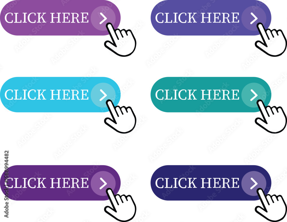 Fototapete Click Here Button Icon set.Pointer Click button. Modern action button mouse click symbol. Computer mouse click cursor or Hand pointer symbol. Cursor arrow icon. Clicking finger. Vector illustration.