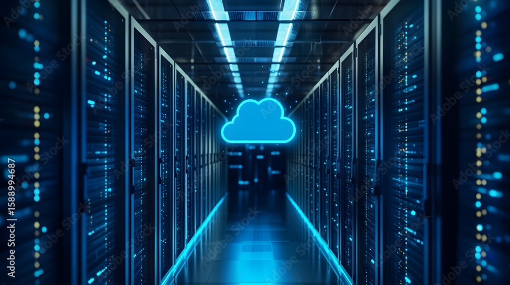 Poster server room with illuminated cloud icon, representing cloud computing technology
