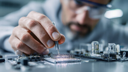 Expert technician repairing a computer motherboard with focused attention and skill.