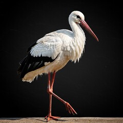Obraz premium White stork with long beak and legs standing on wooden surface against dark background
