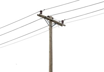 Wooden utility pole with multiple power lines and insulators isolated on white background