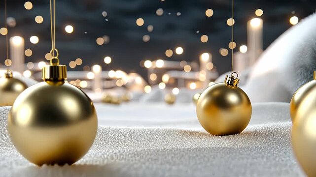 Gold decorations lay scattered on white fabric, creating a warm and inviting holiday atmosphere with soft lighting