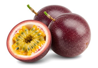 Fresh ripe passion fruit halved and whole showing juicy pulp and seeds isolated on white background