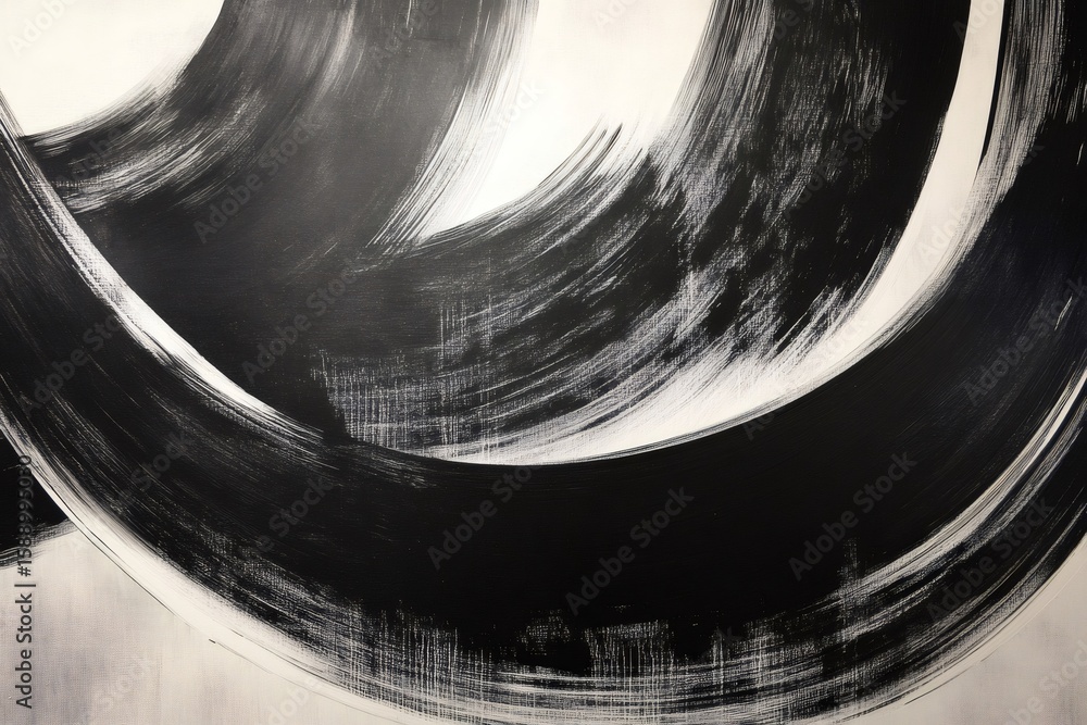 Poster black and white abstract painting featuring dynamic brushstrokes creating a sense of movement and de