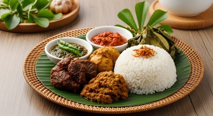 Delicious Food Platter with Rice, Meat and Veggies on Woven Plate