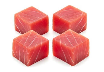 Four perfectly cut cubes of fresh red tuna fish steak isolated on white background