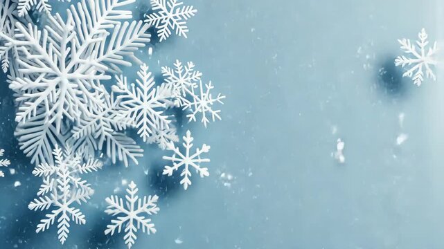 Beautiful winter snowflakes are scattered elegantly across a soft blue surface, highlighting their intricate patterns and textures