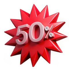Red starburst with 50 percent discount text isolated on white background