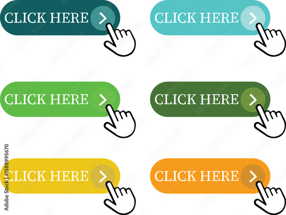 Fototapete Click Here Button Icon set.Pointer Click button. Modern action button mouse click symbol. Computer mouse click cursor or Hand pointer symbol. Cursor arrow icon. Clicking finger. Vector illustration.