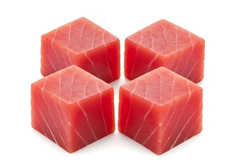 Four raw tuna cubes with visible texture isolated on white background