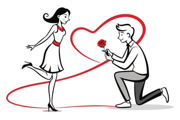 A lover is proposing to his girlfriend on one knee with a red rose.