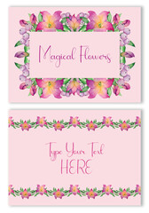 Elegant vector invitation and greeting cards with floral frames and letters signed. Perfect for decorating parties, web design, packaging