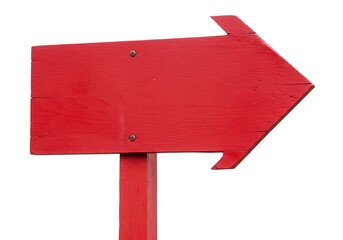 A weathered red wooden arrow sign pointing to the right isolated on white background