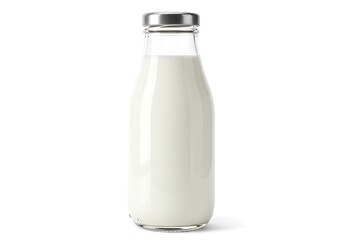 Clear glass bottle filled with white milk and silver cap isolated on white background