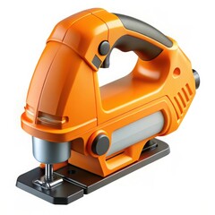 Bright orange jigsaw tool with a black handle isolated on white background