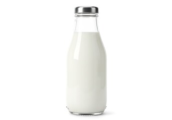 Clear glass bottle filled with fresh white milk and a silver metal cap isolated on white background