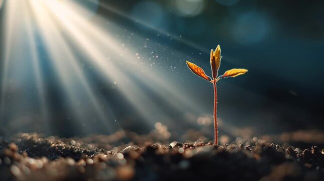 Small sprout in soil illuminated by sunlight with a dark background showing growth and hopefulness