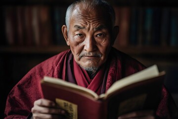 Close up portrait of a senior Tibetan monk holding and reading a book, with a blurred library in the background