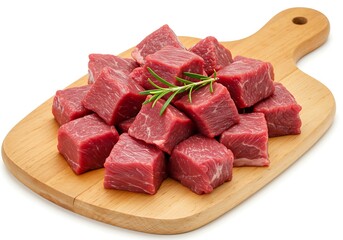 Fresh raw beef cubes with a rosemary sprig on a wooden cutting board isolated on white background