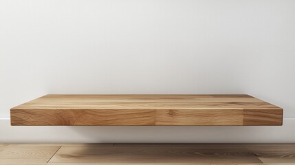 Floating wooden shelf mounted on a white wall in a modern interior design