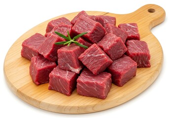 Freshly cut raw beef cubes with rosemary sprig on a wooden cutting board isolated on white background