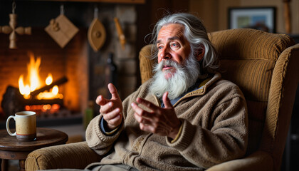 Elderly man talking with hands while sitting in armchair by fireplace  