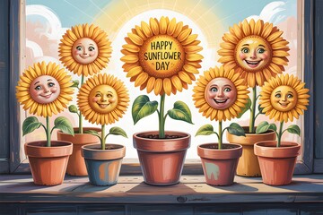 Obraz premium A group of sunflowers with smiling faces celebrate happy sunflower day