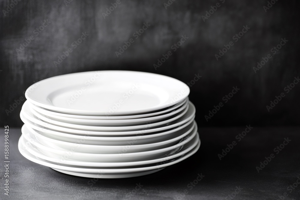 Poster many white plates perfectly stacked on a black countertop, creating a contrast of colors and shapes
