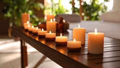 Burning Candles Illuminate Wooden Table Creating Serene Atmosphere in Spa Setting